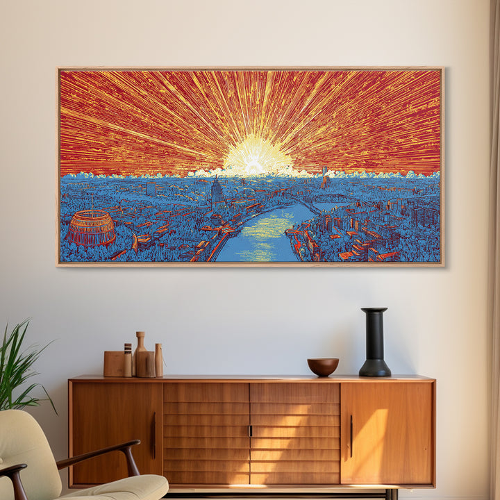Orange Harbor Sunset Cityscape Wall Art, Blue Water Skyline Print, Retro Travel Poster, Modern Office Decor Canvas Print