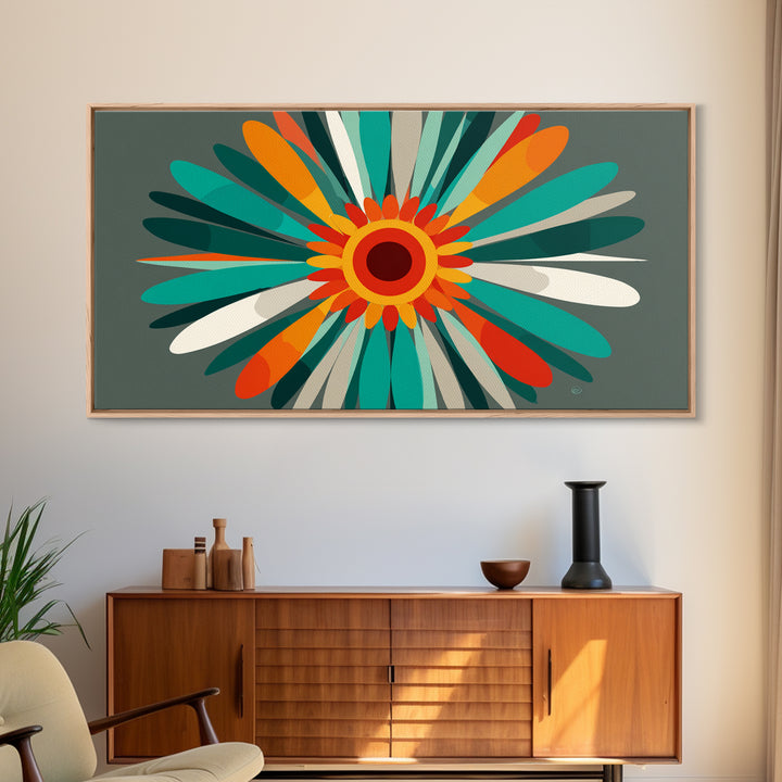 Teal Orange Atomic Flower Wall Art, Mid Century Modern Abstract Burst, Retro Geometric Poster, MCM Home Decor Canvas Print