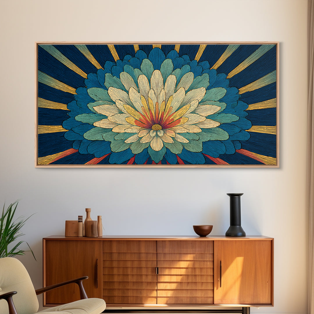 Teal Cream Radiant Flower Wall Art, Midcentury Modern Art Print, Art Deco Floral Decor, Retro Botanical Living Room Decor