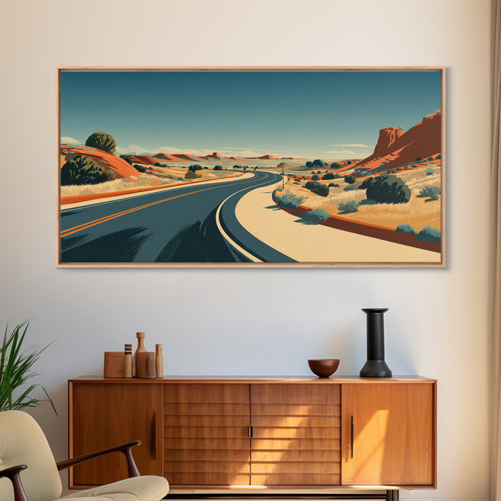 Winding Desert Highway Wall Art, Midcentury Modern Landscape Print, Retro Travel Poster, Southwestern Office Decor For Home