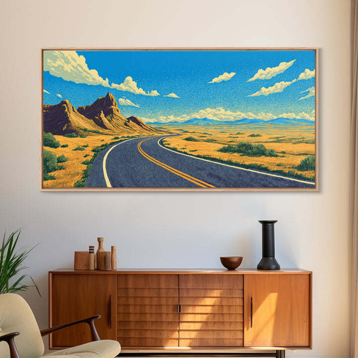 Open Road Mountain Wall Art, Midcentury Modern Landscape Print, Retro Travel Poster, Scenic Southwestern Home Office Decor