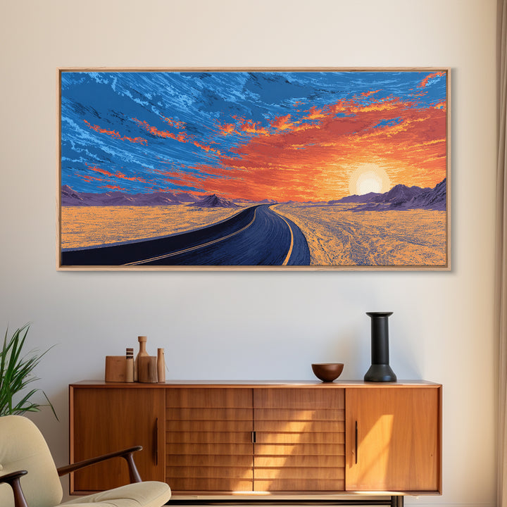 Sunset Highway Desert Wall Art, Midcentury Modern Landscape Print, Retro Travel Poster, Orange Blue Living Room Decor For Home