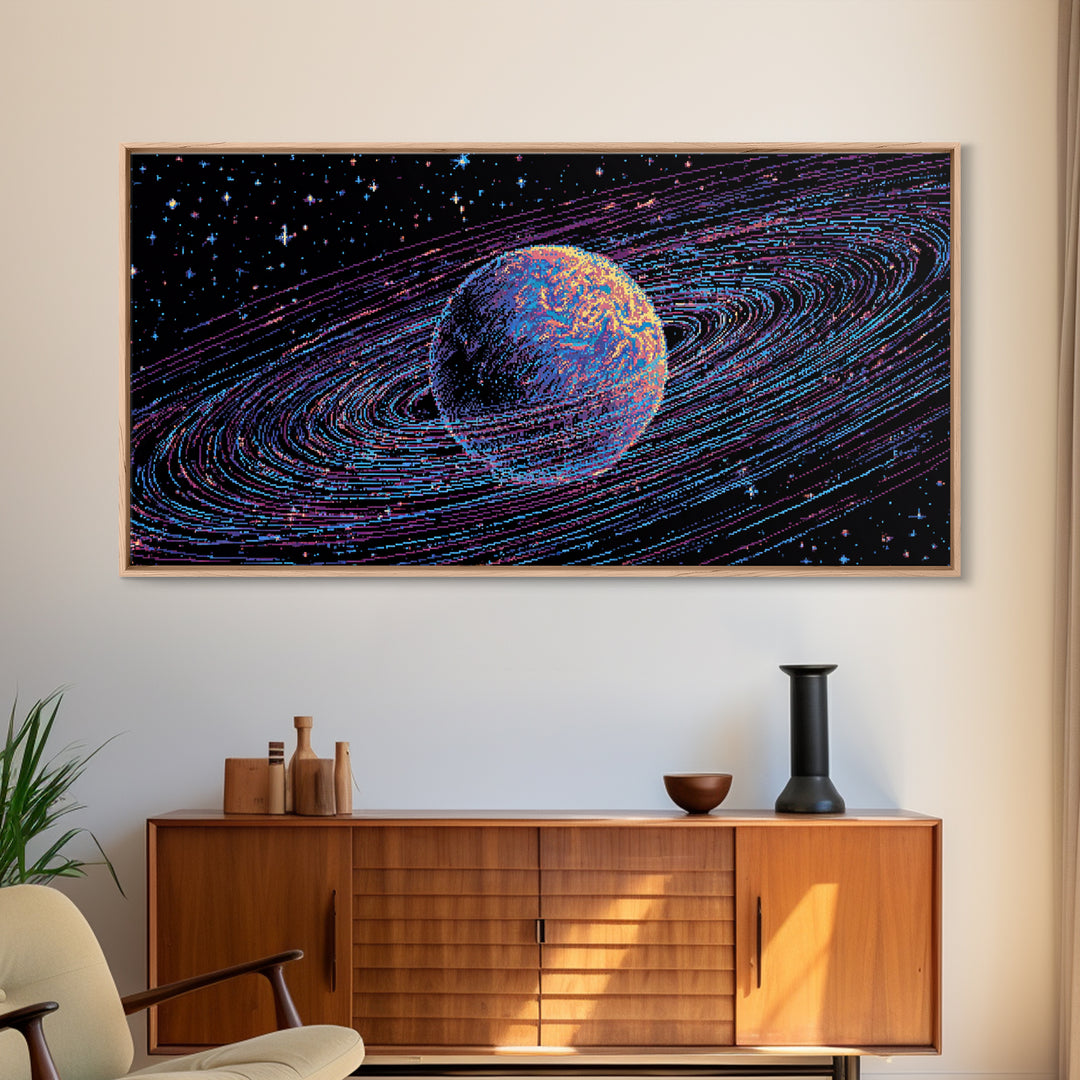 Ringed Planet Space Wall Art, Retro Sci Fi Canvas Print, Cosmic Abstract Art, Modern Digital Art Poster For Bedroom Decor