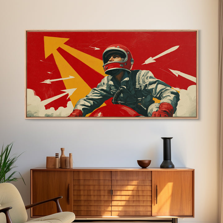 Retro Space Racer Canvas Print, Helmeted Pilot With Arrows Poster, Midcentury Modern Wall Decor, Bold Red Adventure Art Print