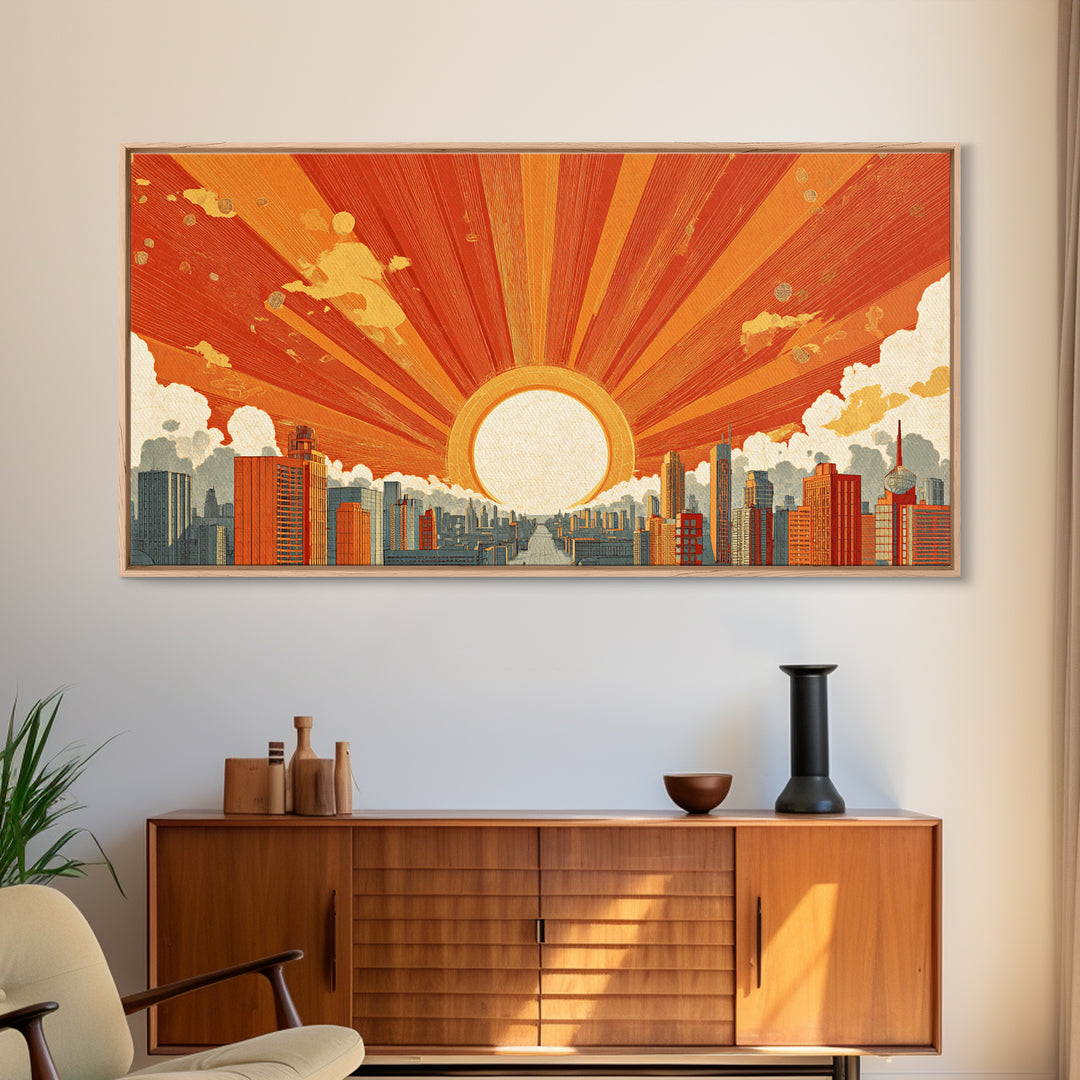 Giant Orange Sun Over City Wall Art, Midcentury Modern Skyline Print, Retro Urban Poster, Warm Home Office Decor Canvas Print