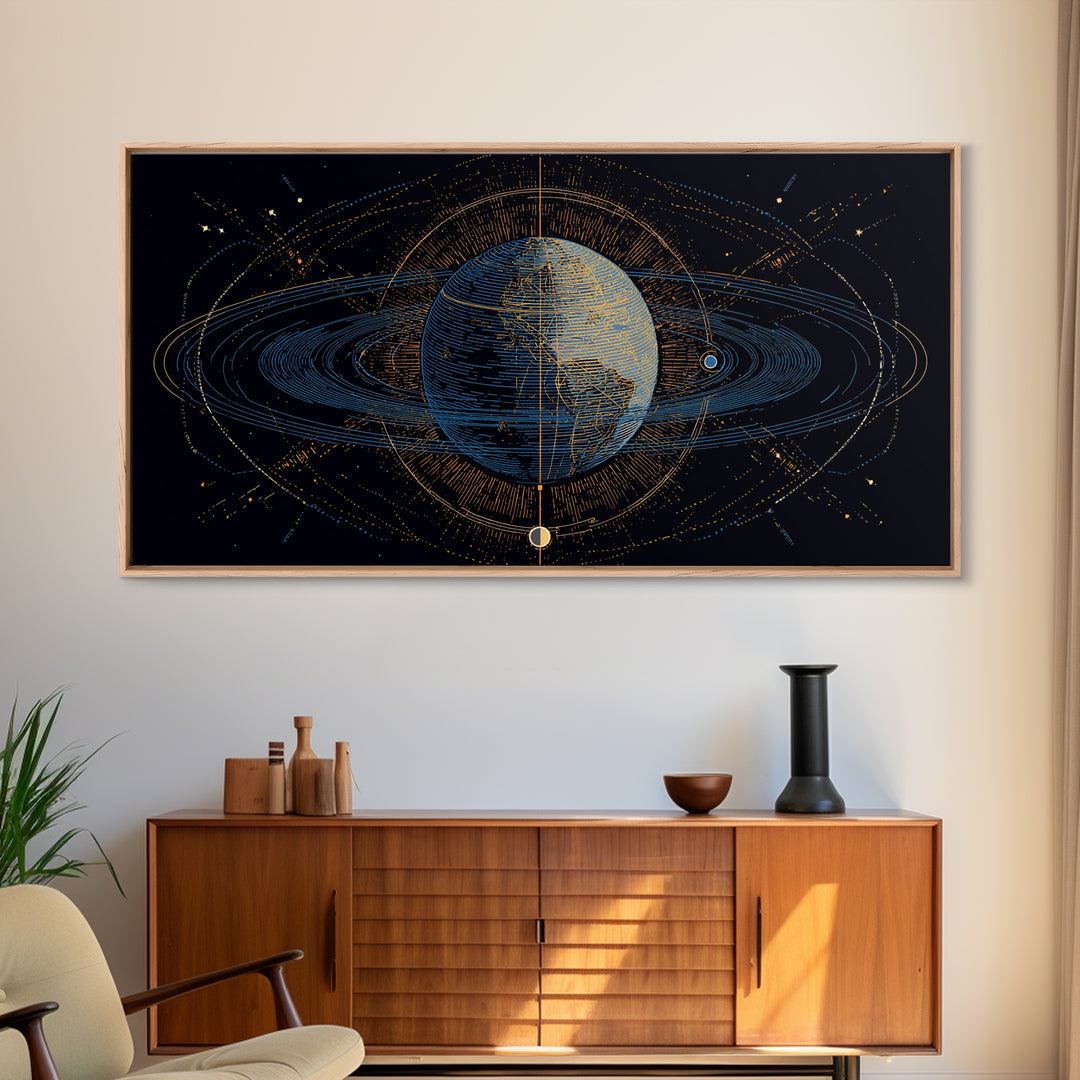 Celestial Planet Orbit Framed Canvas Print, Midcentury Modern Wall Art, Space Abstract Poster, Cosmic Retro Home Office Decor