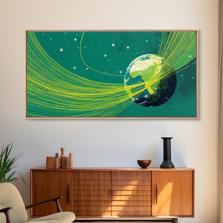 Green Earth Orbit Lines Canvas Print, Retro Space Abstract Wall Decor, Mid Century Modern Art, Cosmic Planet Living Room Decor