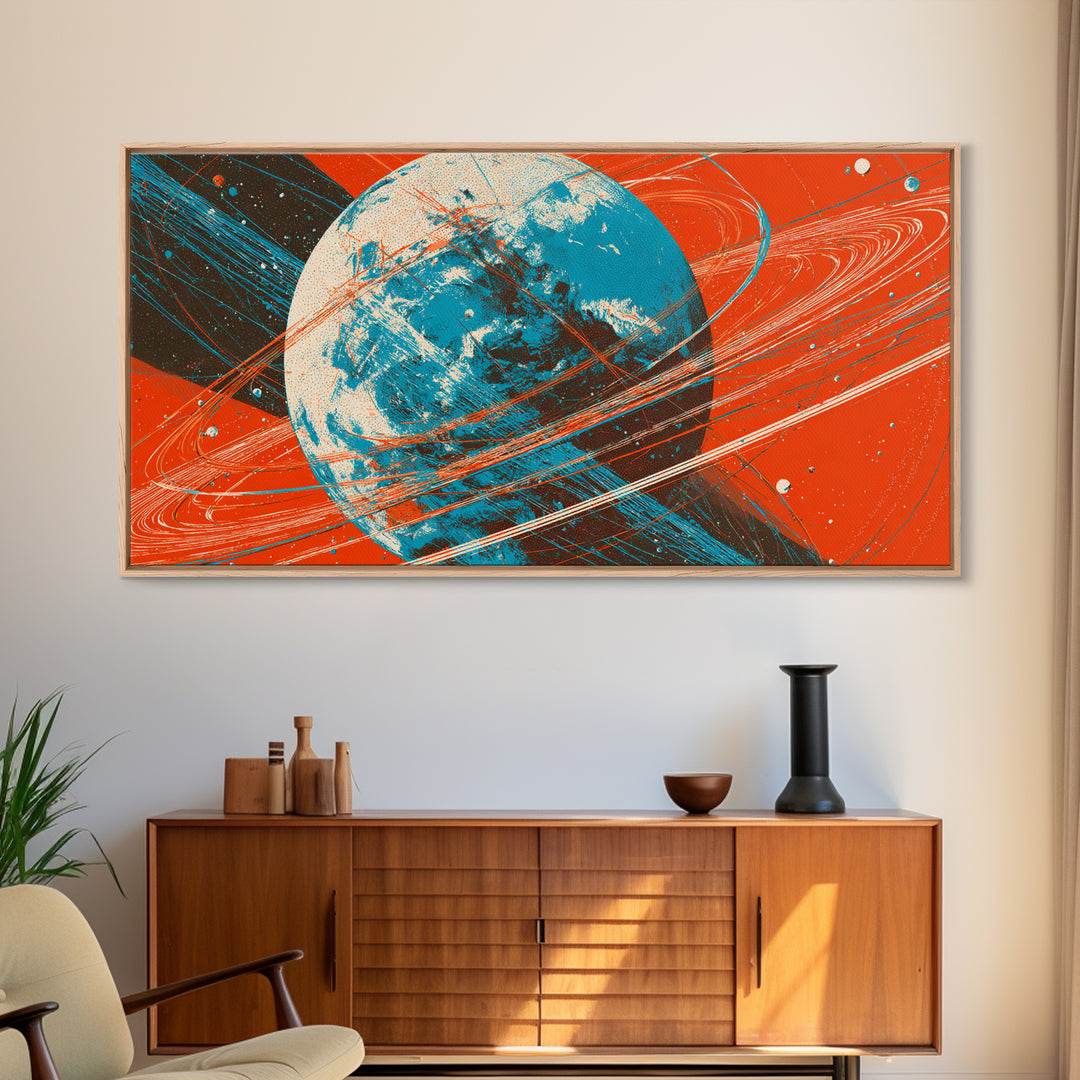 Orange Ringed Planet Canvas Print, Bold Retro Space Wall Art, Mid Century Modern Abstract Poster, Teal Blue Sci Fi Decor