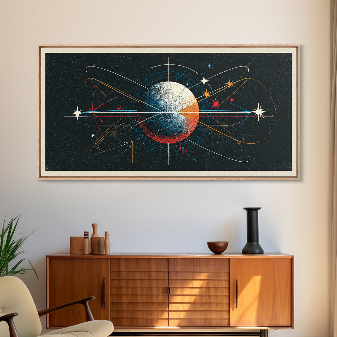 Atomic Orbit Sphere Wall Art, Mid Century Modern Abstract Space Poster, Geometric Planet Lines, Retro MCM Living Room Decor