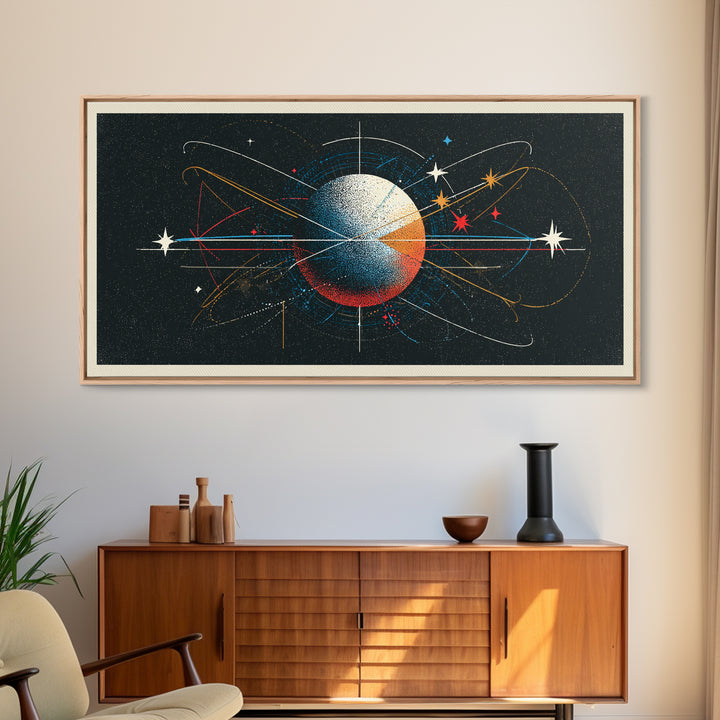 Atomic Orbit Sphere Wall Art, Mid Century Modern Abstract Space Poster, Geometric Planet Lines, Retro MCM Living Room Decor