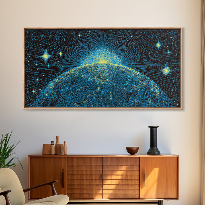 Blue Planet Horizon Canvas Print, Starburst Space Wall Art, Mid Century Modern Abstract Decor, Cosmic Sunrise Statement Poster