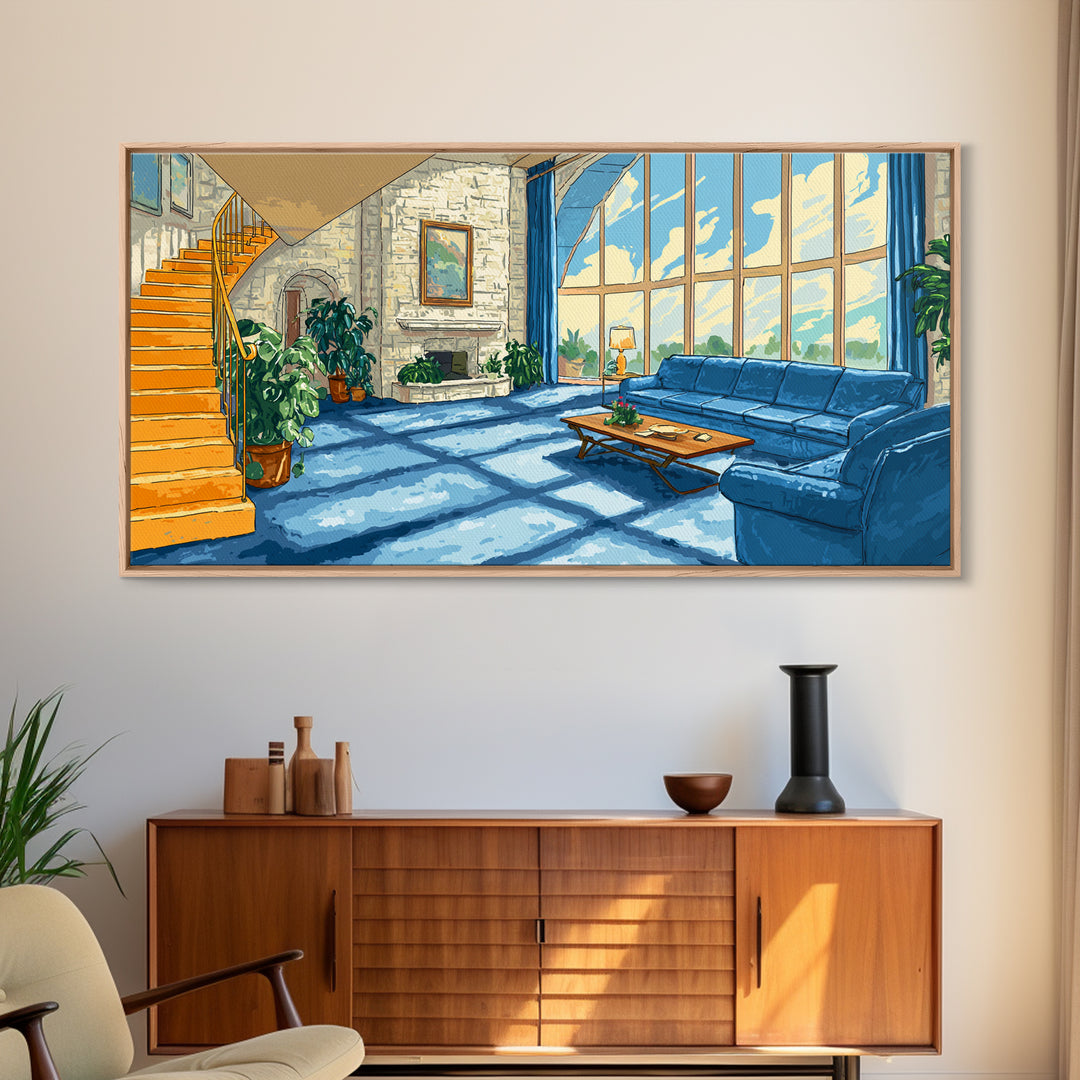 Sunlit Blue Sofa Loft Framed Canvas Print, Modern Wall Art, Airy Living Room Decor, Architectural Interior Poster, Home Office