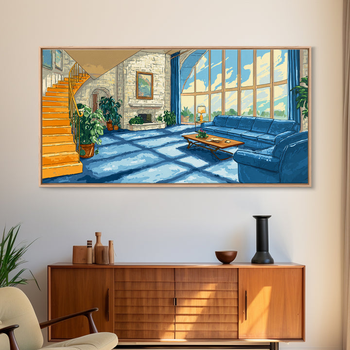 Sunlit Blue Sofa Loft Framed Canvas Print, Modern Wall Art, Airy Living Room Decor, Architectural Interior Poster, Home Office