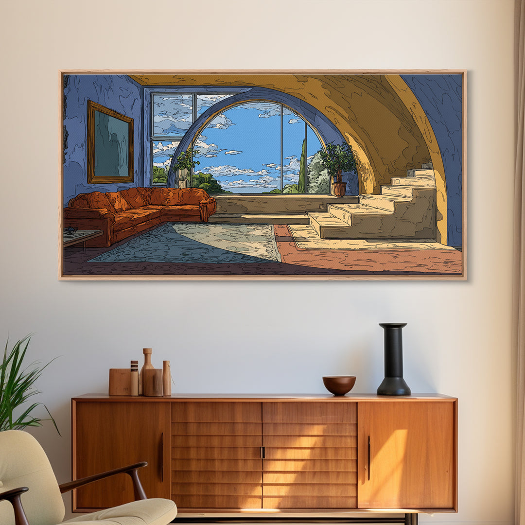 Arched Sea View Living Room Canvas Print, Mediterranean Modern Wall Art, Orange Sofa Coastal Decor, Scenic Interior Poster