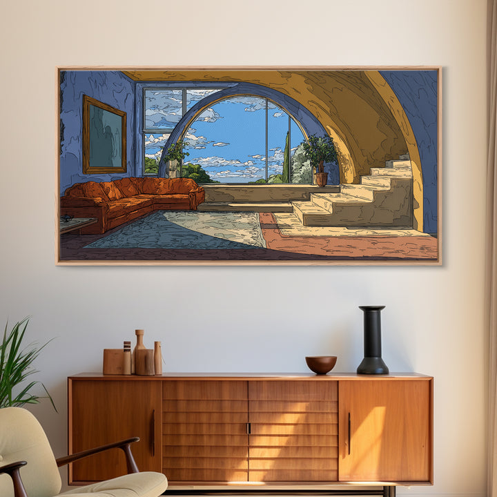 Arched Sea View Living Room Canvas Print, Mediterranean Modern Wall Art, Orange Sofa Coastal Decor, Scenic Interior Poster