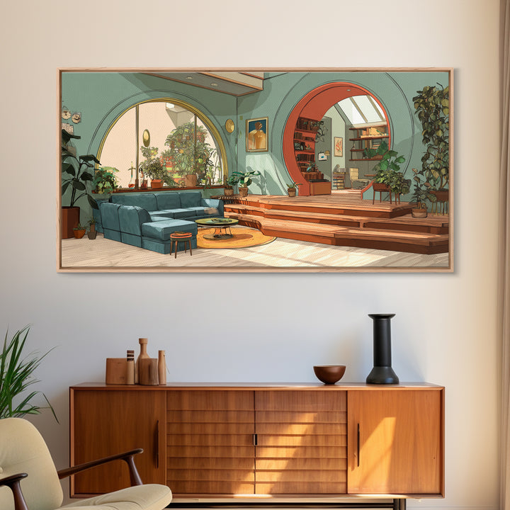 Mint Green Arched Living Room Wall Art, Modern Home Decor, Indoor Plant Interior Poster, Mid Century Inspired Framed Canvas Print