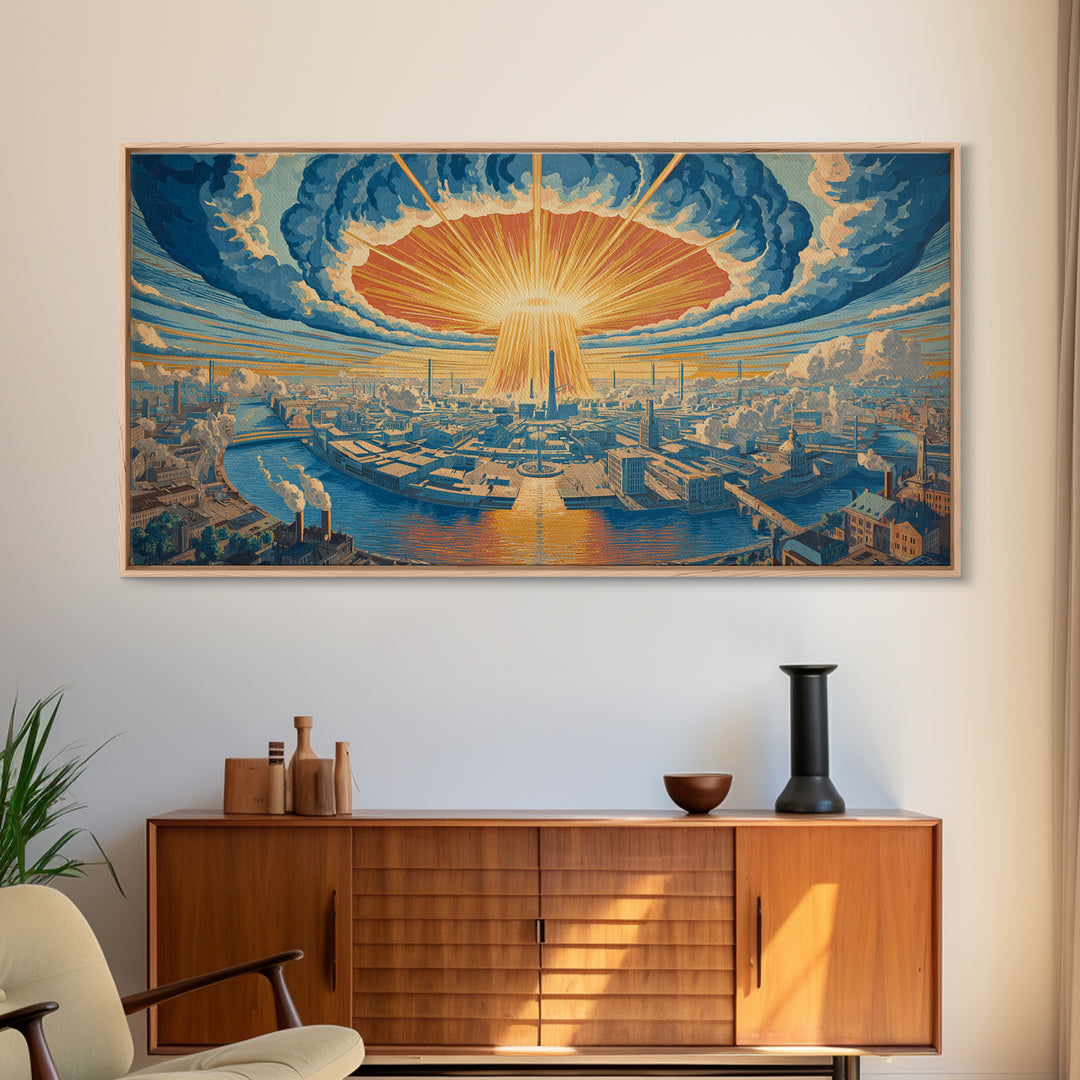 Radiant Futuristic City Sunrise Wall Art, Retro Sci Fi Skyline, Mid Century Modern Decor, Blue Orange Large Canvas Print