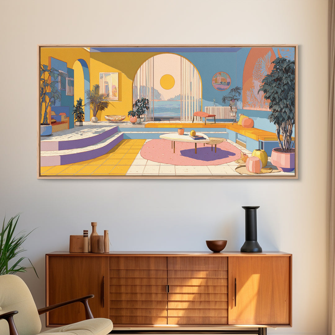 Pastel Ocean Sunroom Canvas Print, Colorful Modern Wall Art, Arch Window Coastal Decor, Retro Palm Springs Living Room Poster