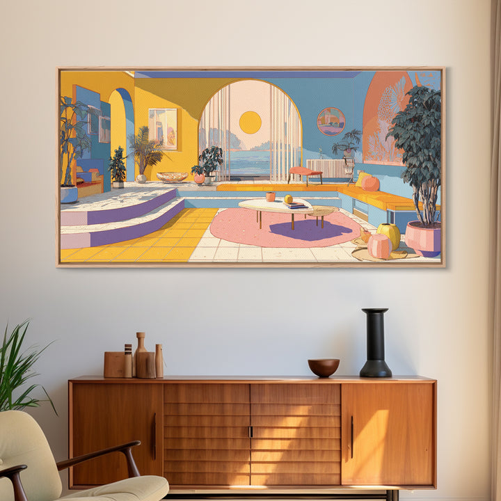 Pastel Ocean Sunroom Canvas Print, Colorful Modern Wall Art, Arch Window Coastal Decor, Retro Palm Springs Living Room Poster
