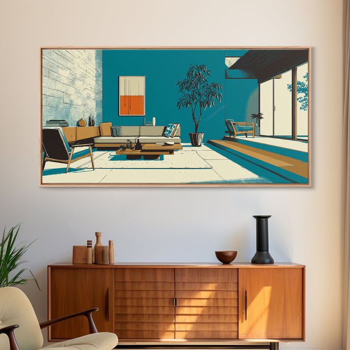 Teal Mid Century Living Room Wall Art, Midcentury Modern Decor, MCM Artwork, Retro Interior Print, Large Canvas Poster Home Decor