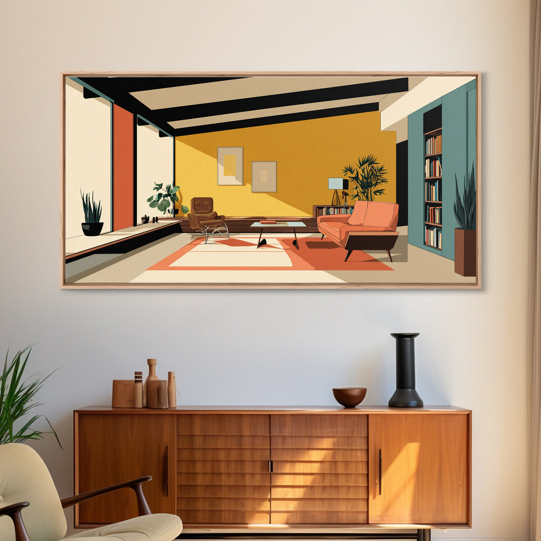 Mustard Orange Mid Century Lounge Wall Art, Midcentury Modern Decor, MCM Artwork, Retro Interior Print, Large Canvas Poster, Home Decor