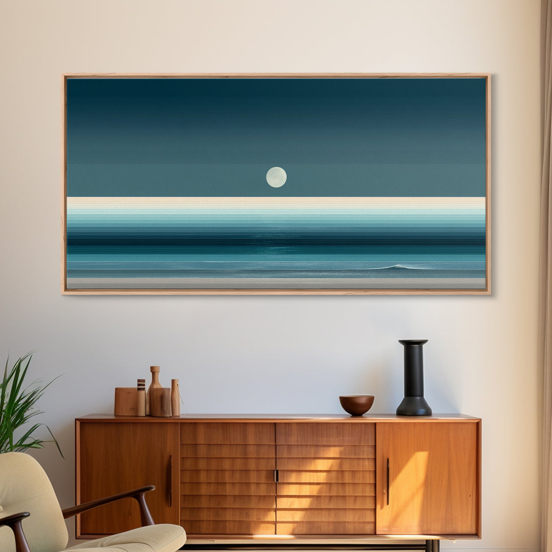 Minimal Moon Over Teal Ocean Canvas Print, Coastal Night Seascape, Modern Wall Art, Blue Horizontal Landscape Decor, Bedroom Art Prints