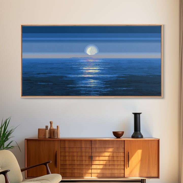 Blue Full Moon Ocean Framed Canvas Print, Coastal Seascape Wall Art, Modern Home Decor, Peaceful Bedroom Art Prints, Large Wall Decor