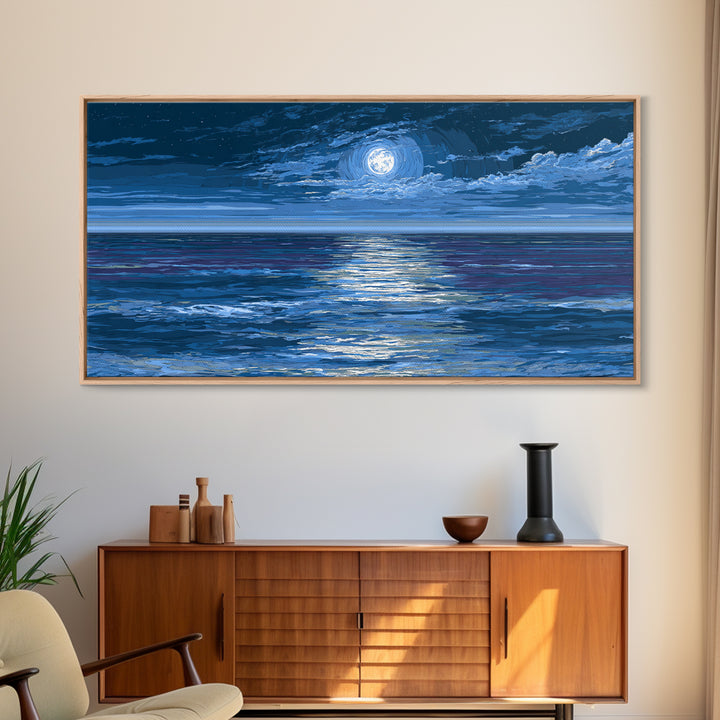 Starry Moonlit Ocean Framed Canvas Print, Dramatic Blue Seascape Wall Art, Coastal Night Decor, Modern Bedroom Art Prints