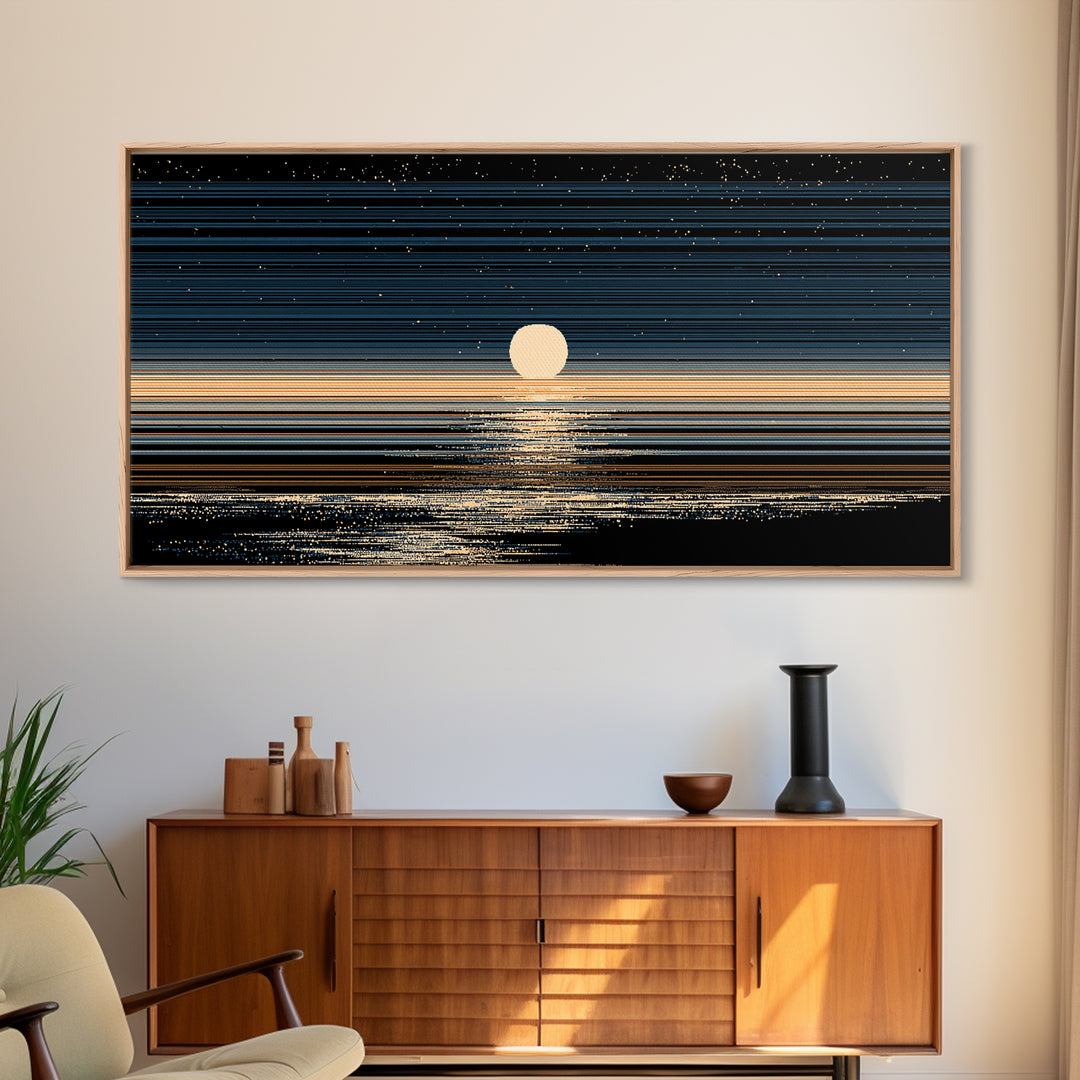 Golden Moon Horizon Ocean Canvas Print, Starry Night Seascape Wall Art, Modern Coastal Decor, Blue Black Bedroom Art Prints