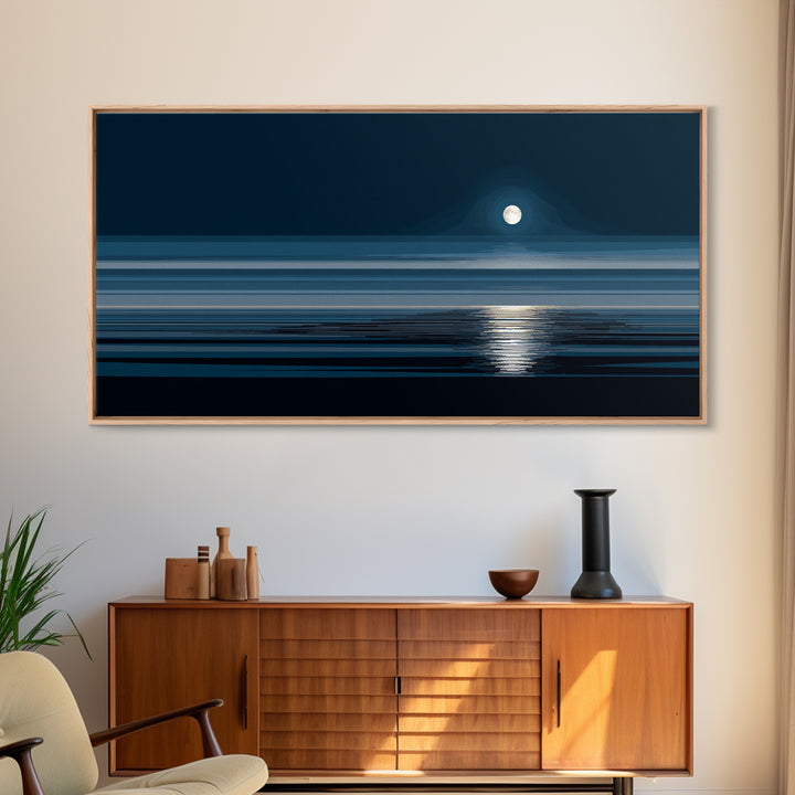 Quiet Moon Over Dark Ocean Canvas Print, Minimal Blue Seascape Wall Art, Modern Coastal Decor, Peaceful Bedroom Art Prints