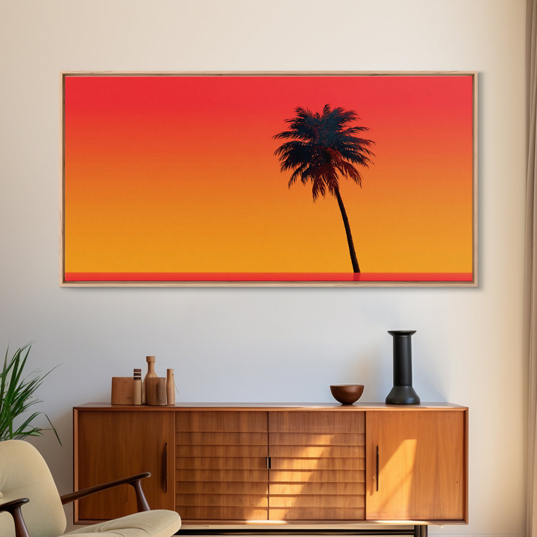 Black Palm Silhouette Sunset Wall Art, Orange Red Tropical Landscape, Retro California Poster, Modern Home Decor Canvas Print