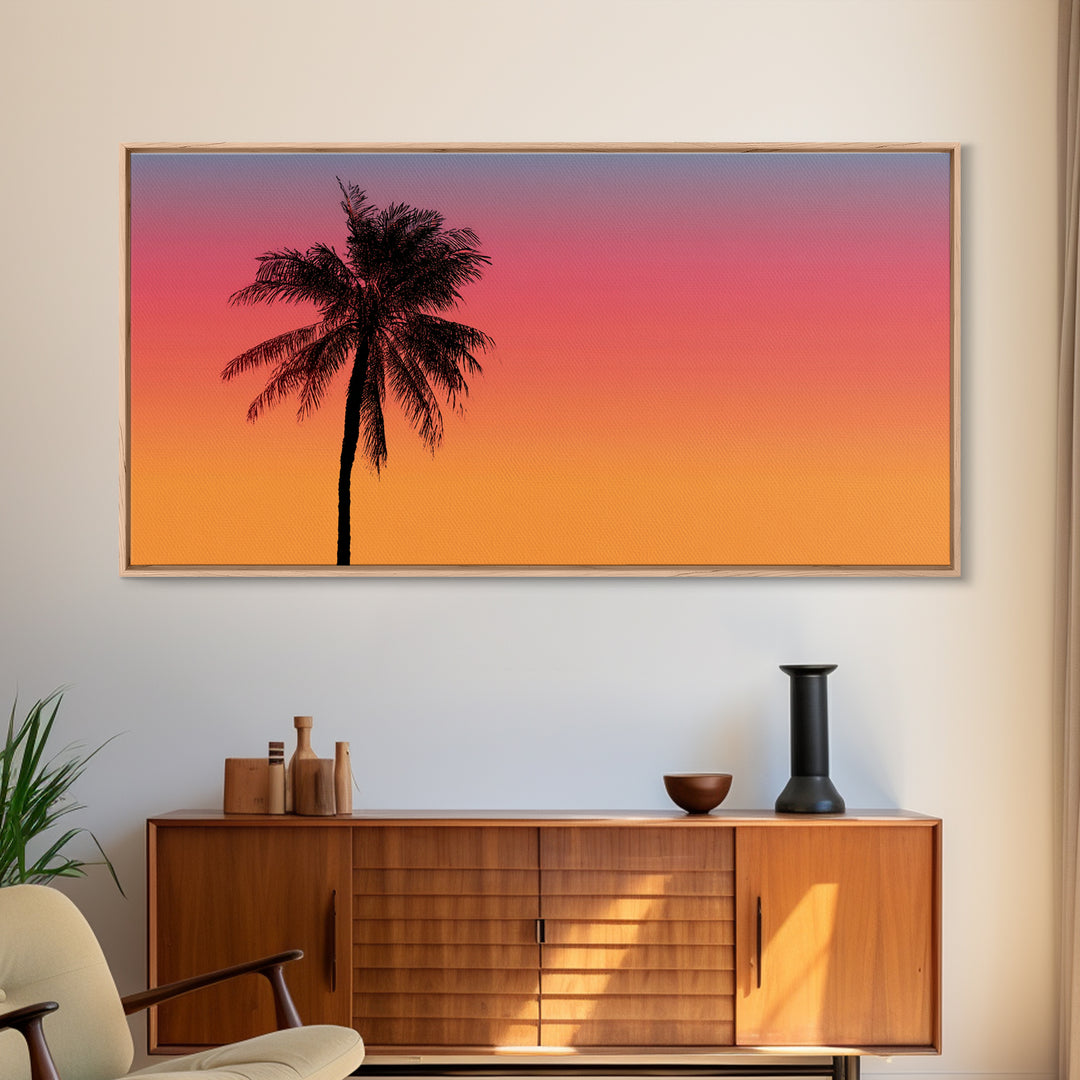 Pink Orange Palm Sunset Wall Art, Tropical Silhouette Landscape, Retro California Poster, Modern Home Decor Canvas Print