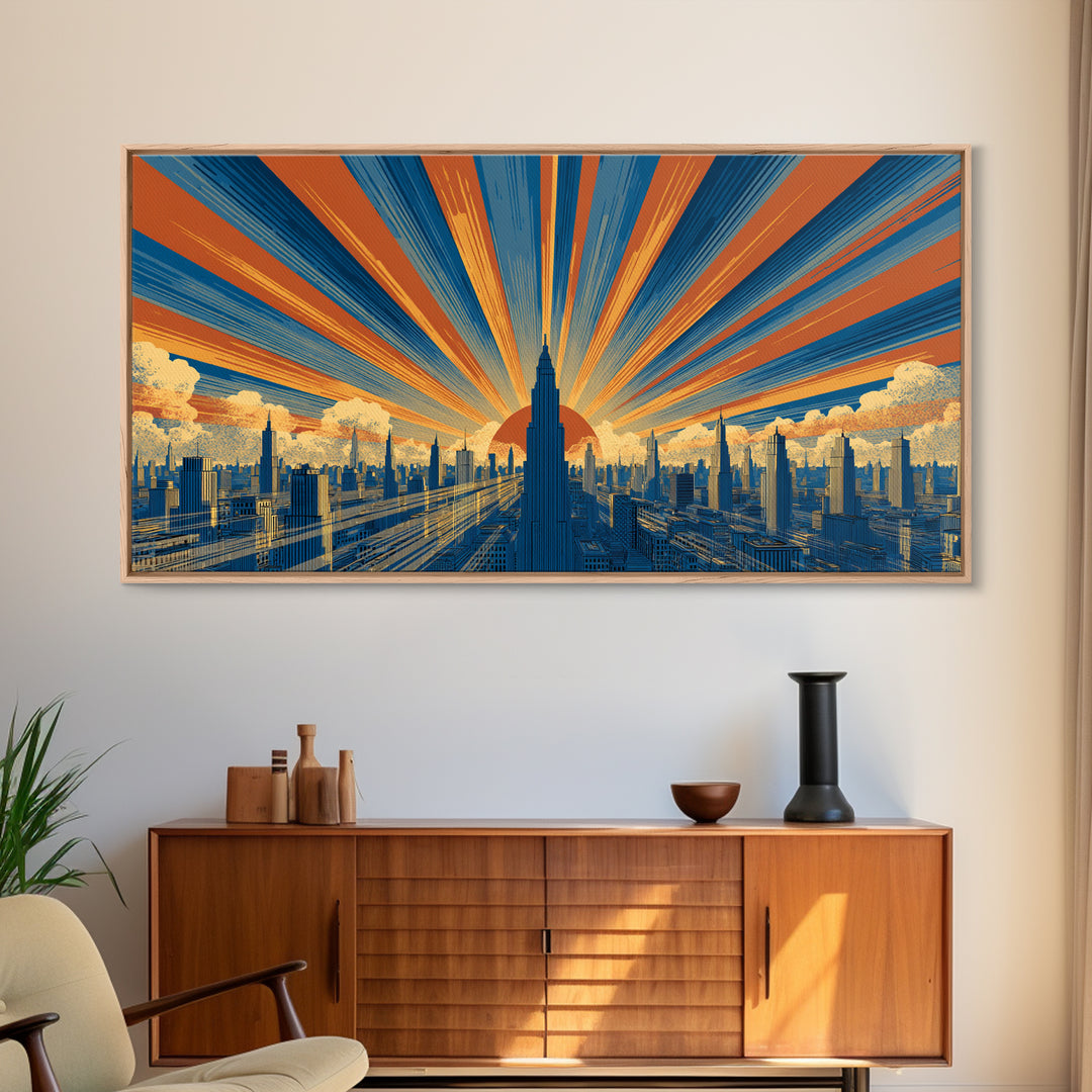 Art Deco Futuristic Skyline Framed Canvas Print, Retro Sci Fi Cityscape, Mid Century Modern Wall Decor, Blue Orange Poster