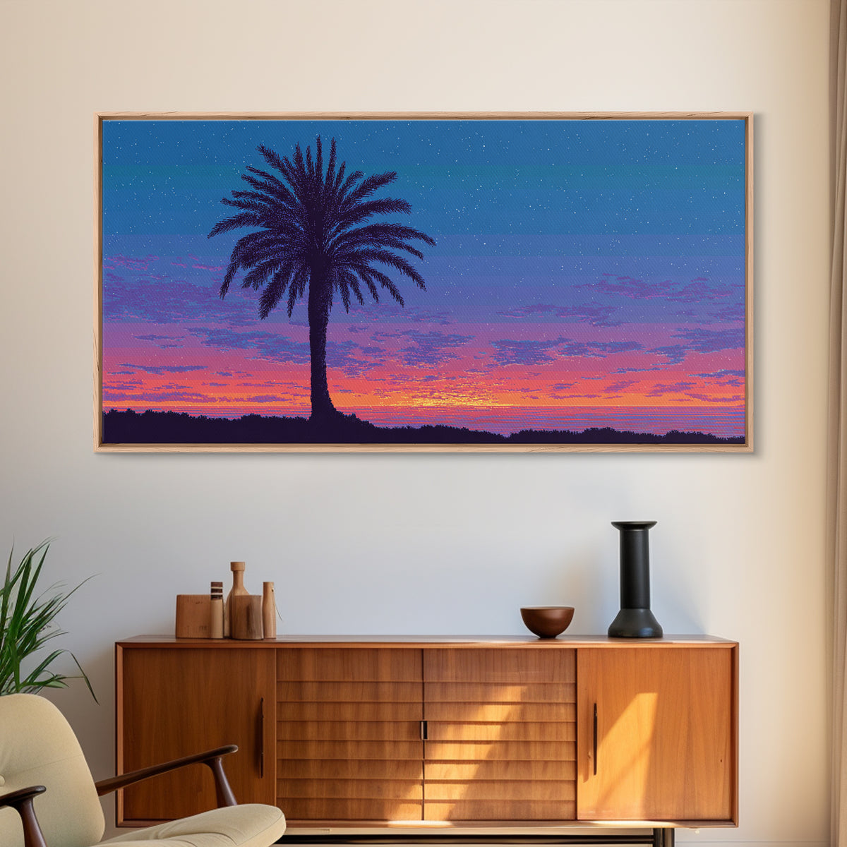 Starry Twilight Palm Tree Wall Art, Purple Blue Tropical Sunset, Retro California Poster, Modern Home Decor Canvas Print