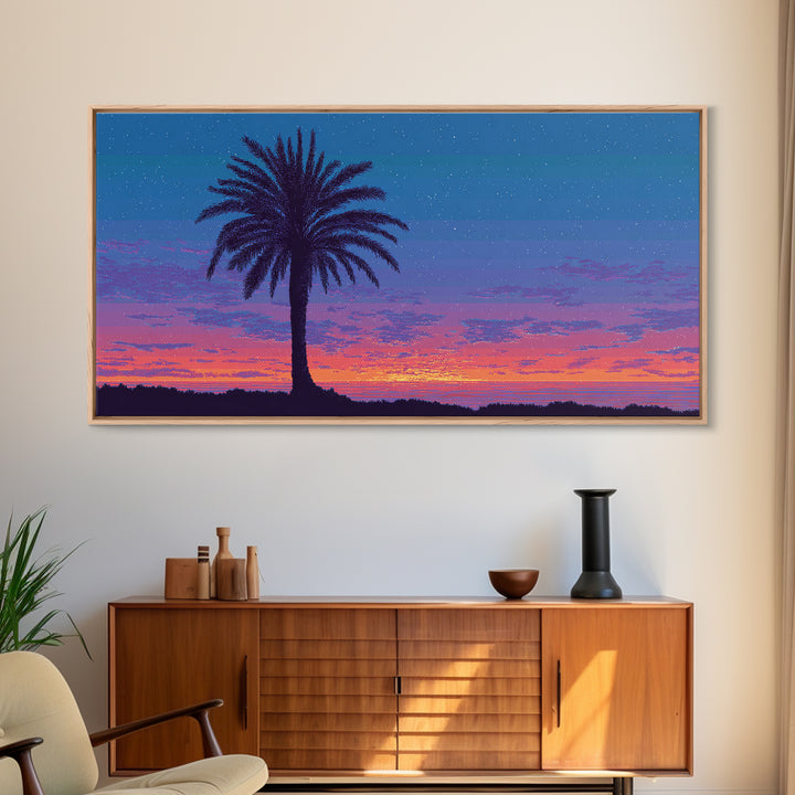 Starry Twilight Palm Tree Wall Art, Purple Blue Tropical Sunset, Retro California Poster, Modern Home Decor Canvas Print