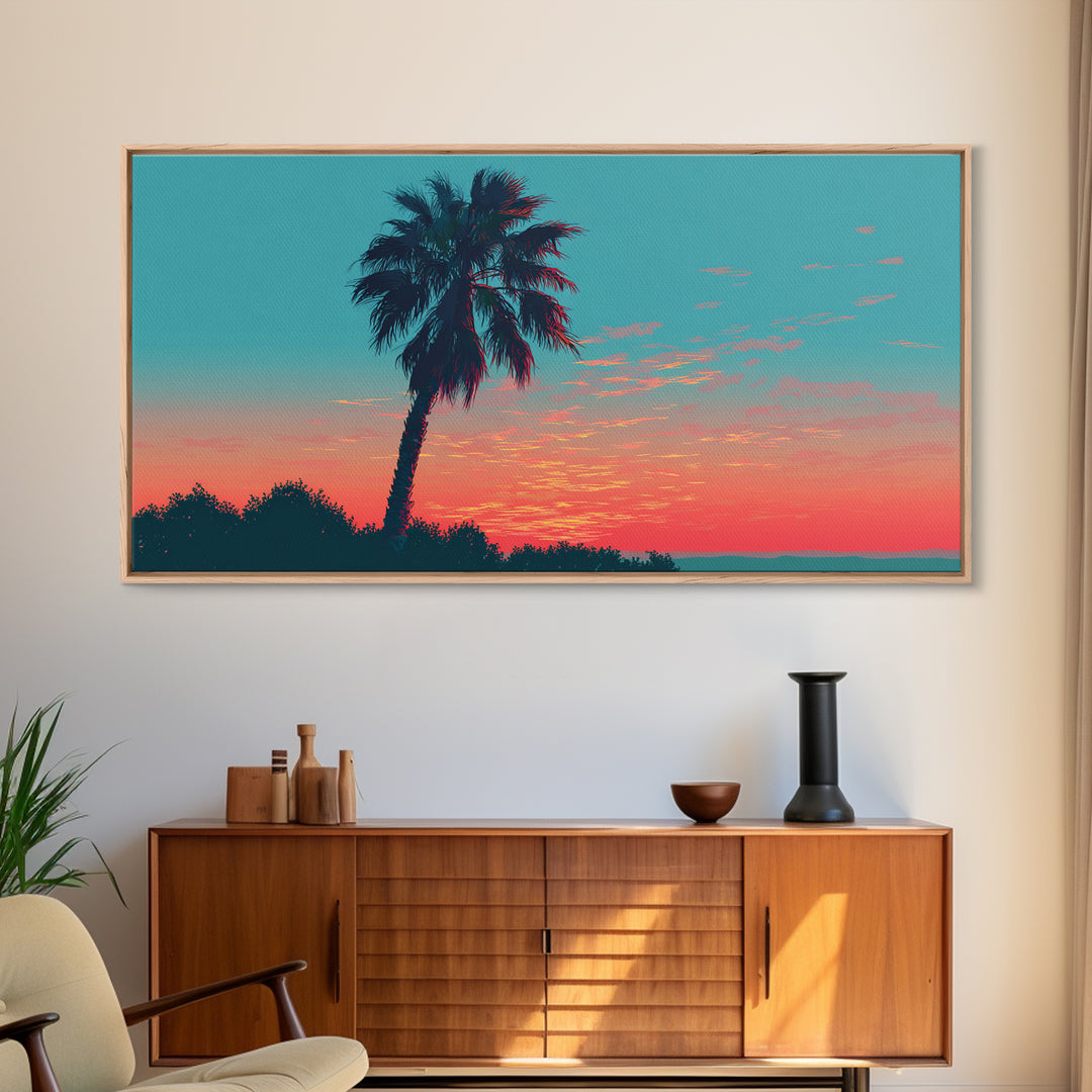 Leaning Palm Coral Sunset Canvas Print, Retro Tropical Landscape, Midcentury Wall Art, Palm Springs Decor, Coastal Poster Print