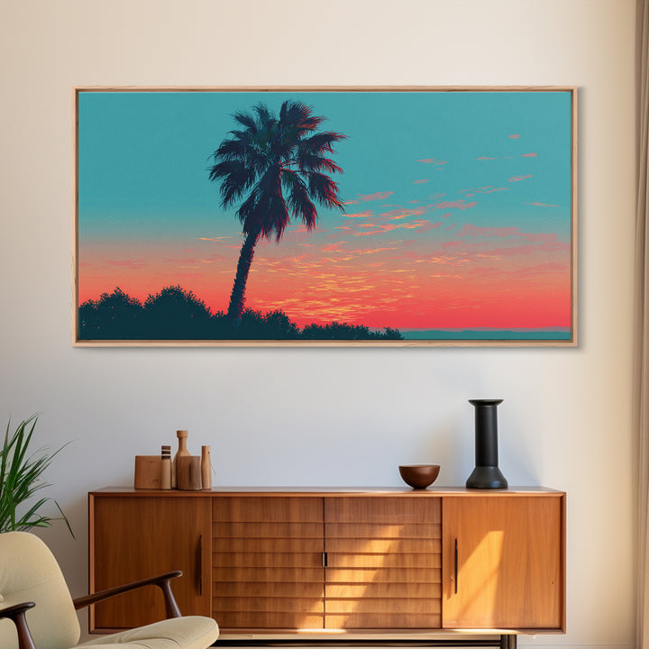 Leaning Palm Coral Sunset Canvas Print, Retro Tropical Landscape, Midcentury Wall Art, Palm Springs Decor, Coastal Poster Print
