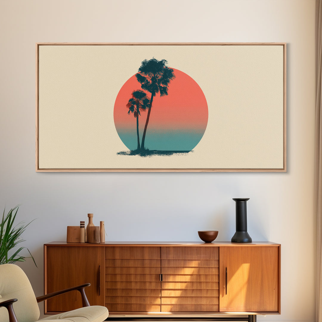 Twin Palms In Sun Circle Wall Art, Minimal Retro Desert Print, Midcentury Modern Decor, Palm Springs Poster, Boho Home Art