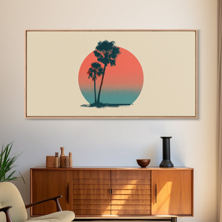 Twin Palms In Sun Circle Wall Art, Minimal Retro Desert Print, Midcentury Modern Decor, Palm Springs Poster, Boho Home Art