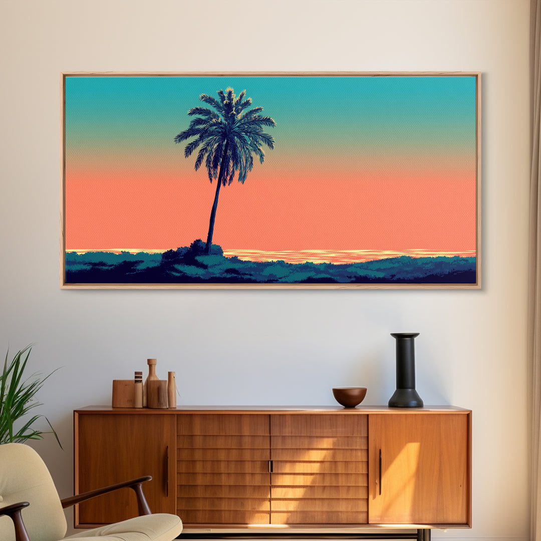 Solitary Palm Ocean Sunset Framed Canvas Print, Retro Tropical Wall Art, Midcentury Modern Decor, Coastal Home Poster Print