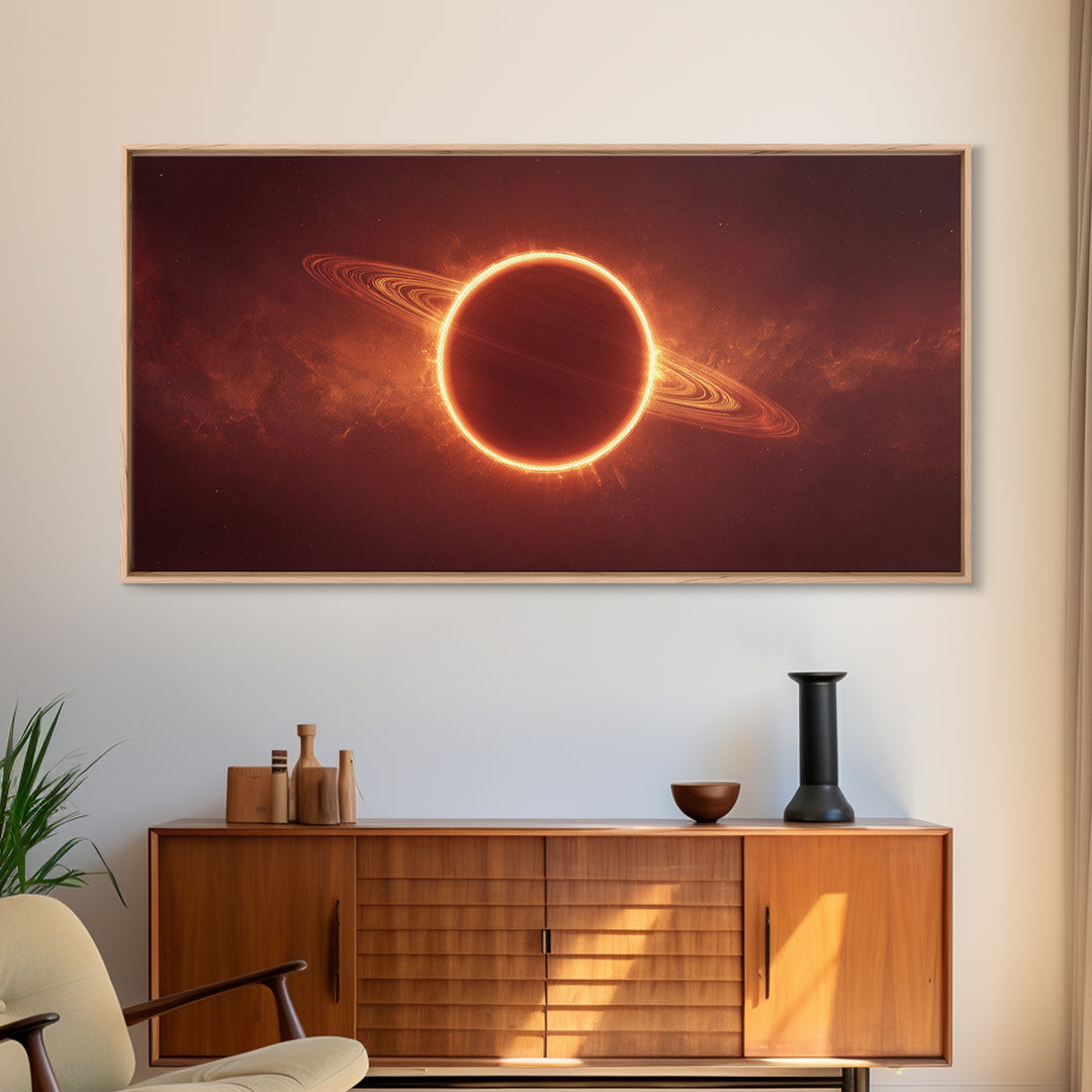 Ringed Planet Eclipse Framed Canvas Print, Cosmic Nebula Wall Art, Retro Sci Fi Poster, Orange Space Decor, Modern Art Print