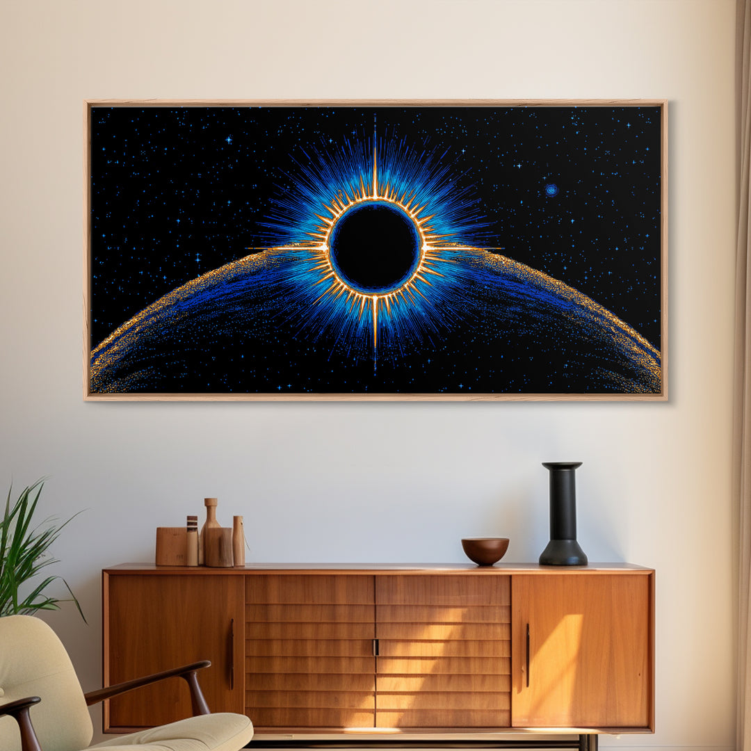 Blue Solar Eclipse Wall Art, Cosmic Retro Sci Fi Print, Black Hole Starfield Poster, Modern Digital Art, Space Decor Print