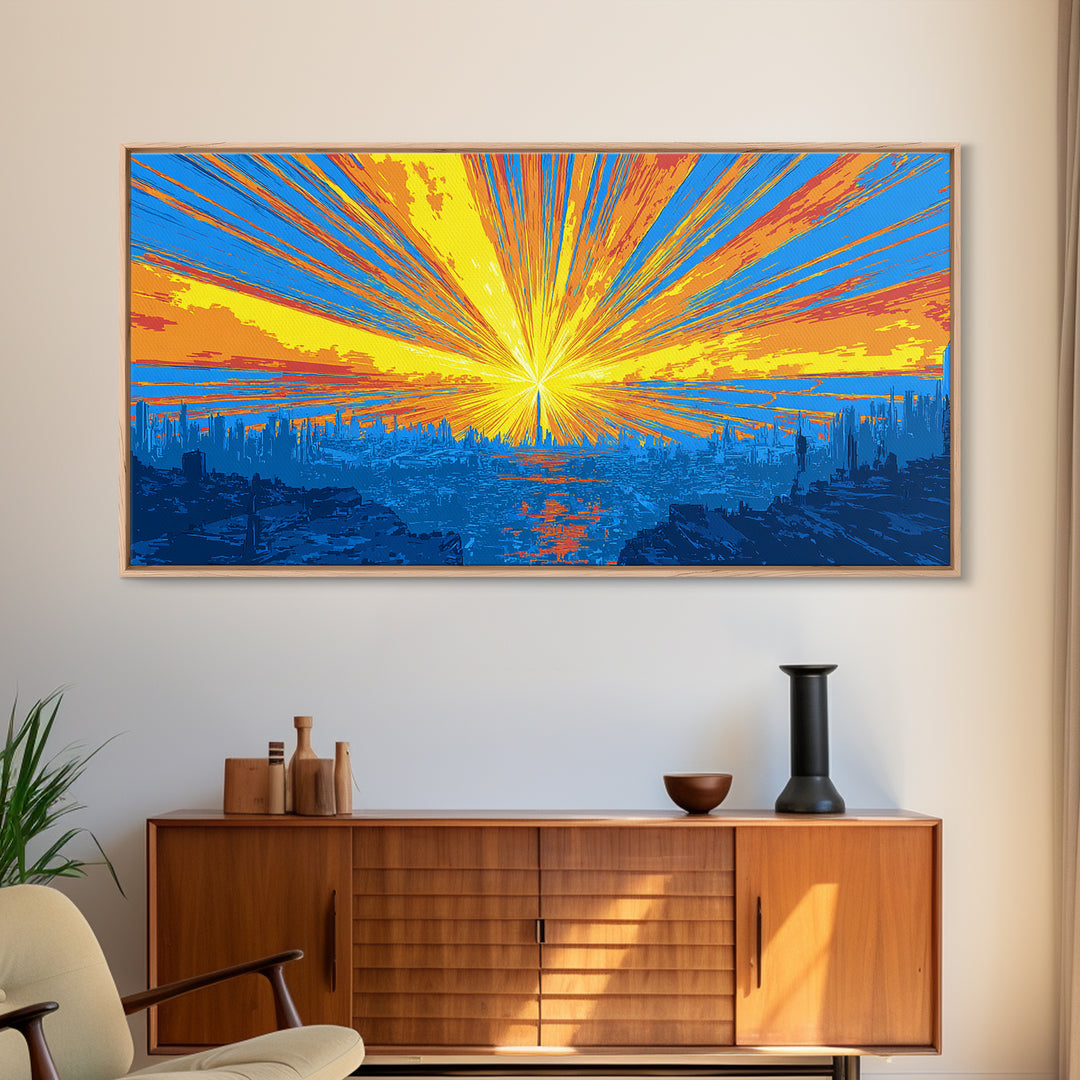 Explosive Solar Skyline Wall Art, Bright Retro Sci Fi Sunburst, Blue Orange Modern Art Print, Mid Century City Poster Decor