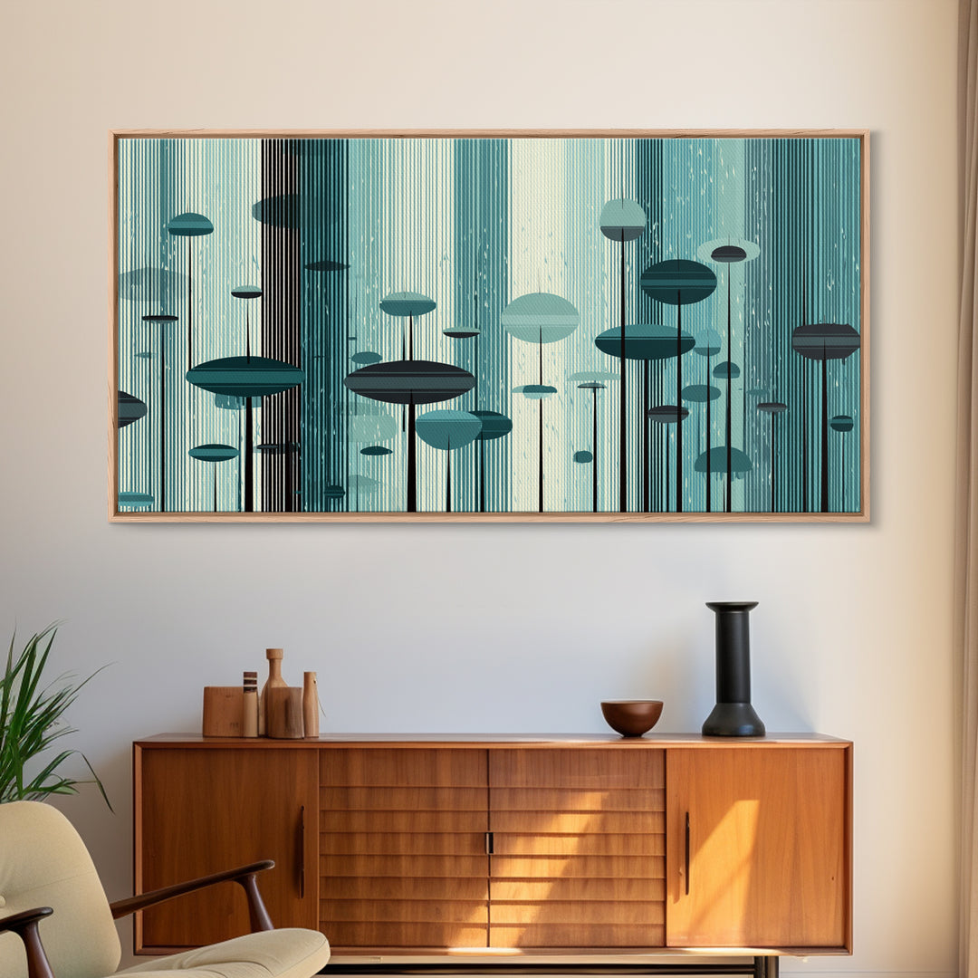 Teal Futuristic Mushroom City Wall Art, Retro Sci Fi Landscape Print, Modern Abstract Poster, Midcentury Space Decor Gift