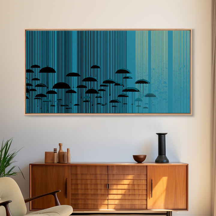 Teal Rain Umbrellas In Vertical Lines Wall Art, Midcentury Modern Abstract Print, Retro Wall Decor, Modern Home Decor For Living Room