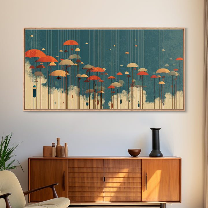 Orange Umbrellas Over Cream Clouds Wall Art, Midcentury Modern Abstract Print, Teal Retro Decor, Modern Home Decor For Living Room