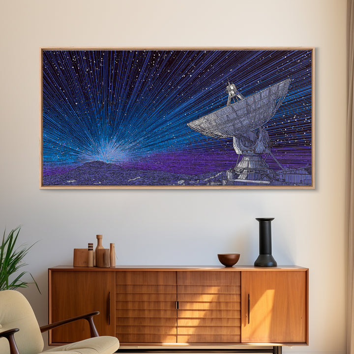 Blue Radio Telescope Starburst Canvas Print, Midcentury Modern Sci Fi Wall Art, Space Abstract Poster, Retro Home Decor Gift