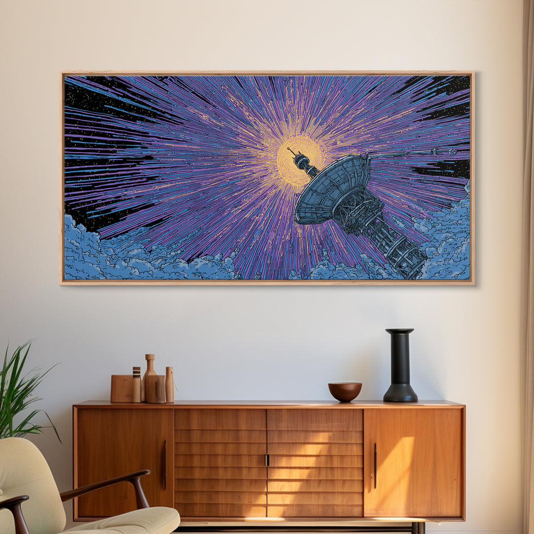Radio Telescope Eclipse Sunburst Wall Art, Midcentury Modern Space Abstract Print, Retro Sci Fi Poster, Modern Office Decor