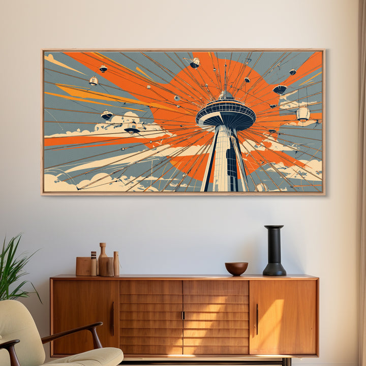Retro Space Needle With Flying Saucers Canvas Print, Midcentury Modern Wall Art, Orange Sun Poster, Sci Fi Seattle Decor