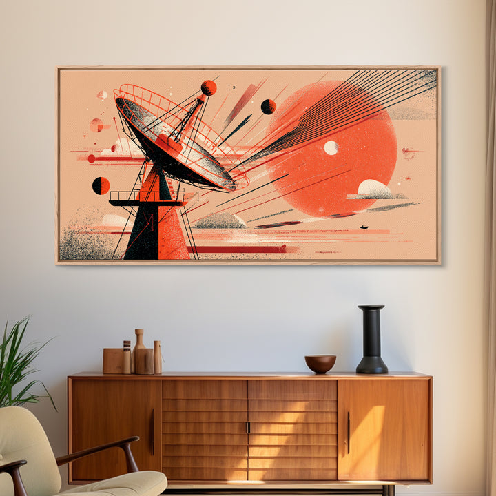 Red Satellite Dish And Orange Sun Wall Art, Midcentury Modern Space Abstract Print, Retro Sci Fi Poster, Modern Wall Decor